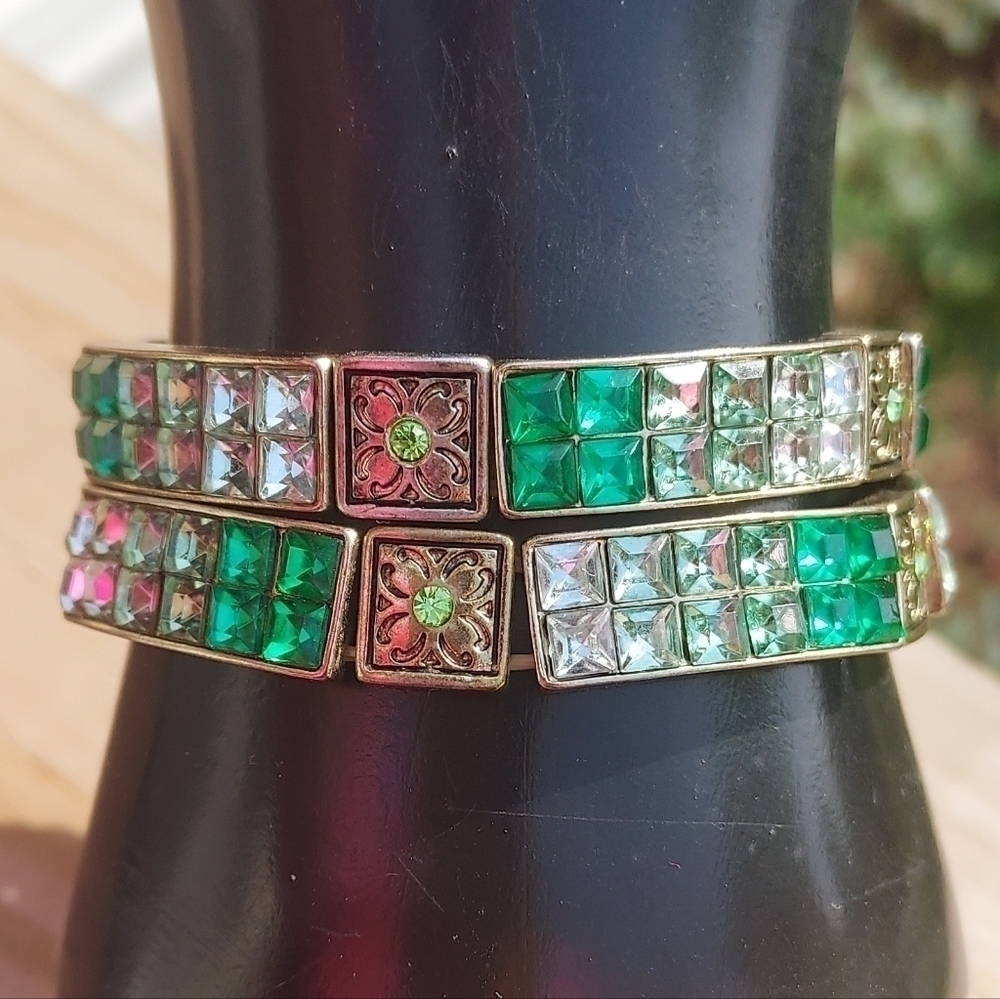 2 Gold Tone With Green And Clear Rhinestones Stretch Bracelets.